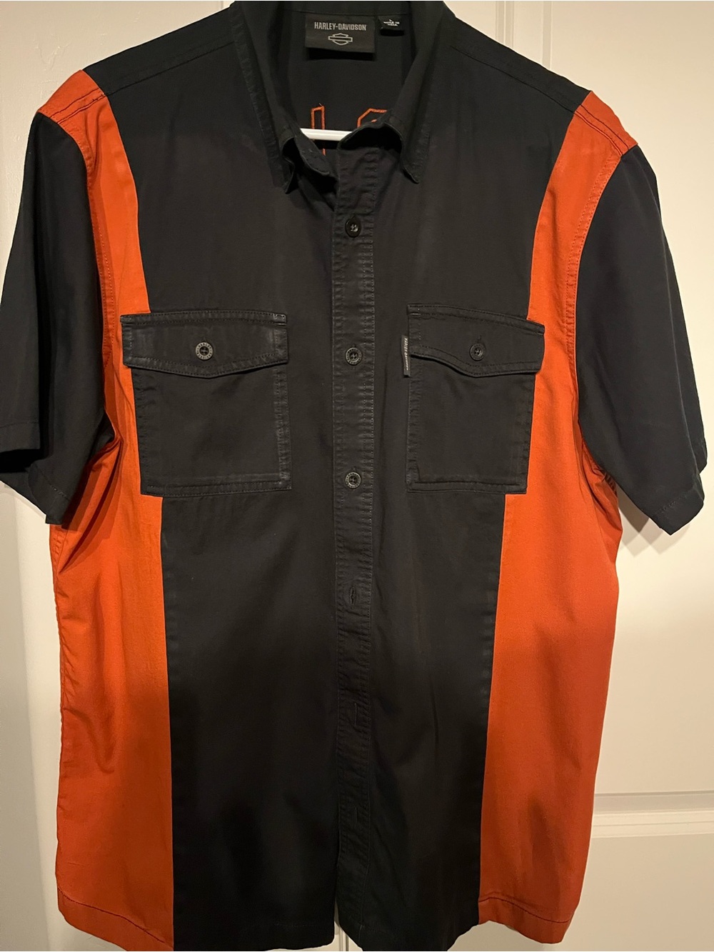 Harley-Davidson Black and Orange Short Sleeve Button-Down Shirt